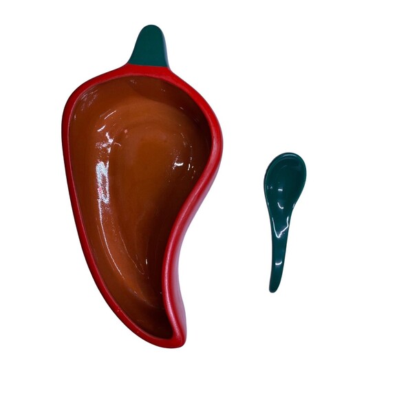 Red Chili Pepper Dip Bowl And Spoon Dish Clay Art Hand Painted Salsa Bowl - Picture 2 of 14